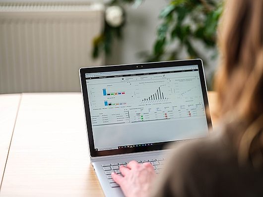 Laptop auf dessen Bildschirm farbige Grafiken zu sehen sind. Davor sitzt, unscharf aufgenommen, eine Frau, eine Hand auf der Laptoptastatur